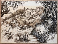 Disegno francese di metà secolo Paesaggio collinare con alberi e case lontane