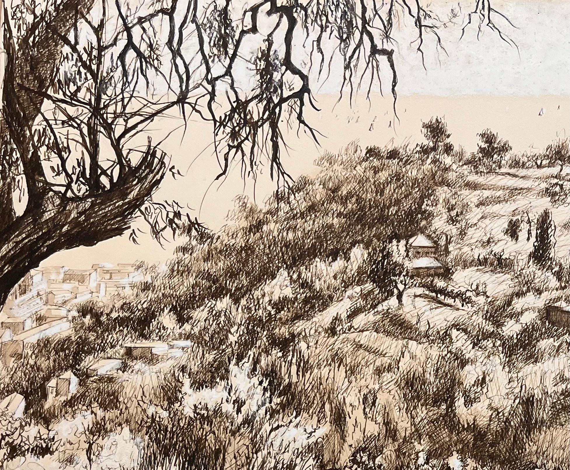 Französische Zeichnung von Hillside-Landschaft mit Bäumen und Distanzhäusern, Mitte des Jahrhunderts (Impressionismus), Painting, von Josine Vignon