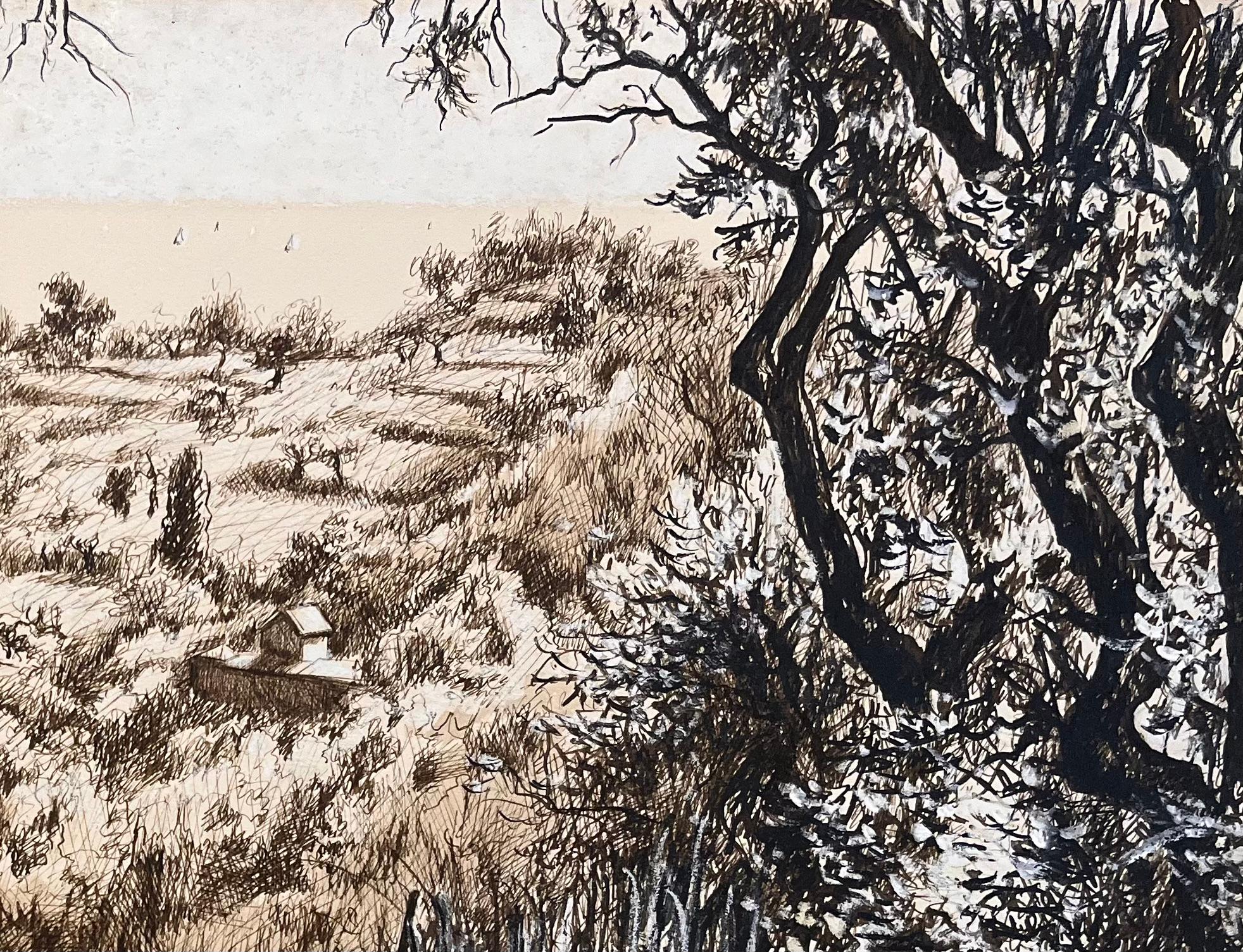 Französische Zeichnung von Hillside-Landschaft mit Bäumen und Distanzhäusern, Mitte des Jahrhunderts (Beige), Landscape Painting, von Josine Vignon