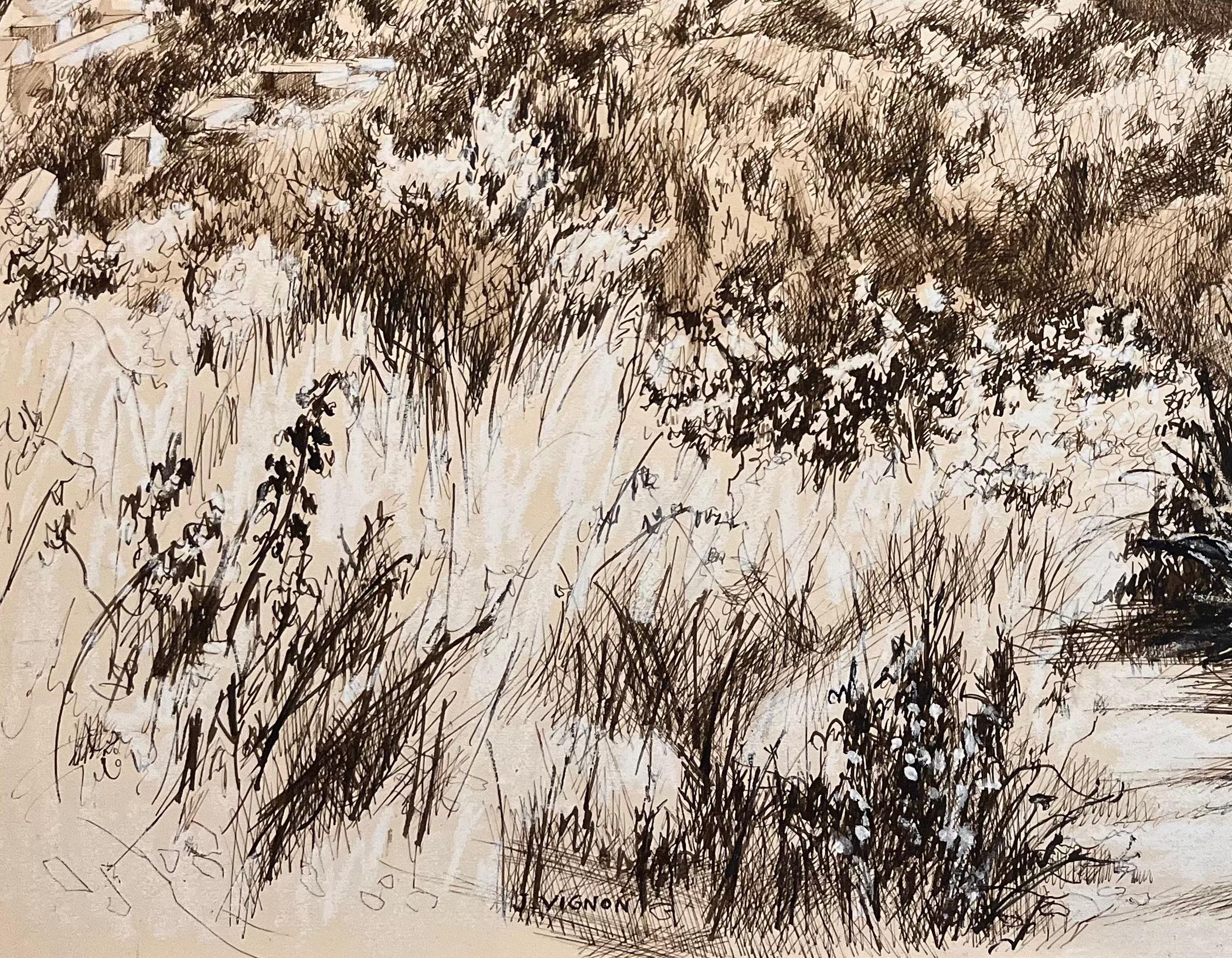 Französische Zeichnung von Hillside-Landschaft mit Bäumen und Distanzhäusern, Mitte des Jahrhunderts im Angebot 1