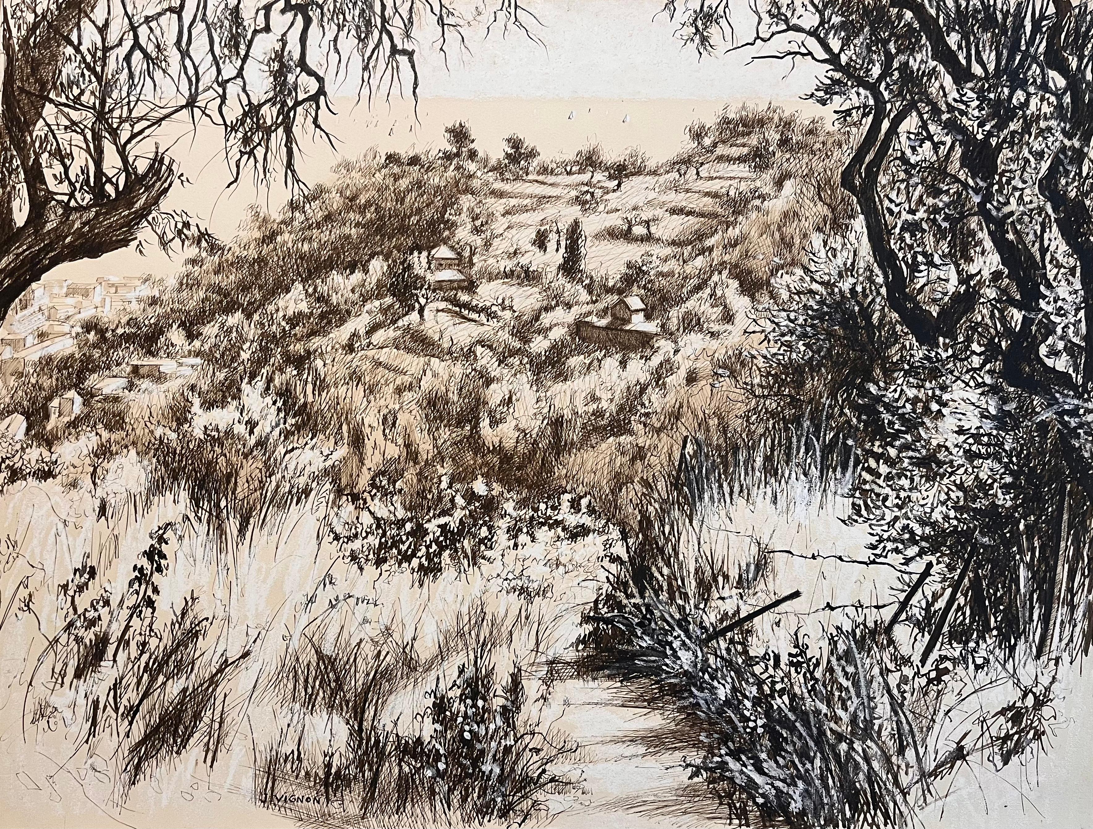 Dibujo francés de mediados de siglo Paisaje de ladera con árboles y casas lejanas