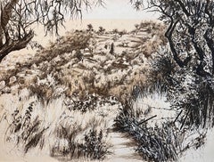 Französische Zeichnung von Hillside-Landschaft mit Bäumen und Distanzhäusern, Mitte des Jahrhunderts