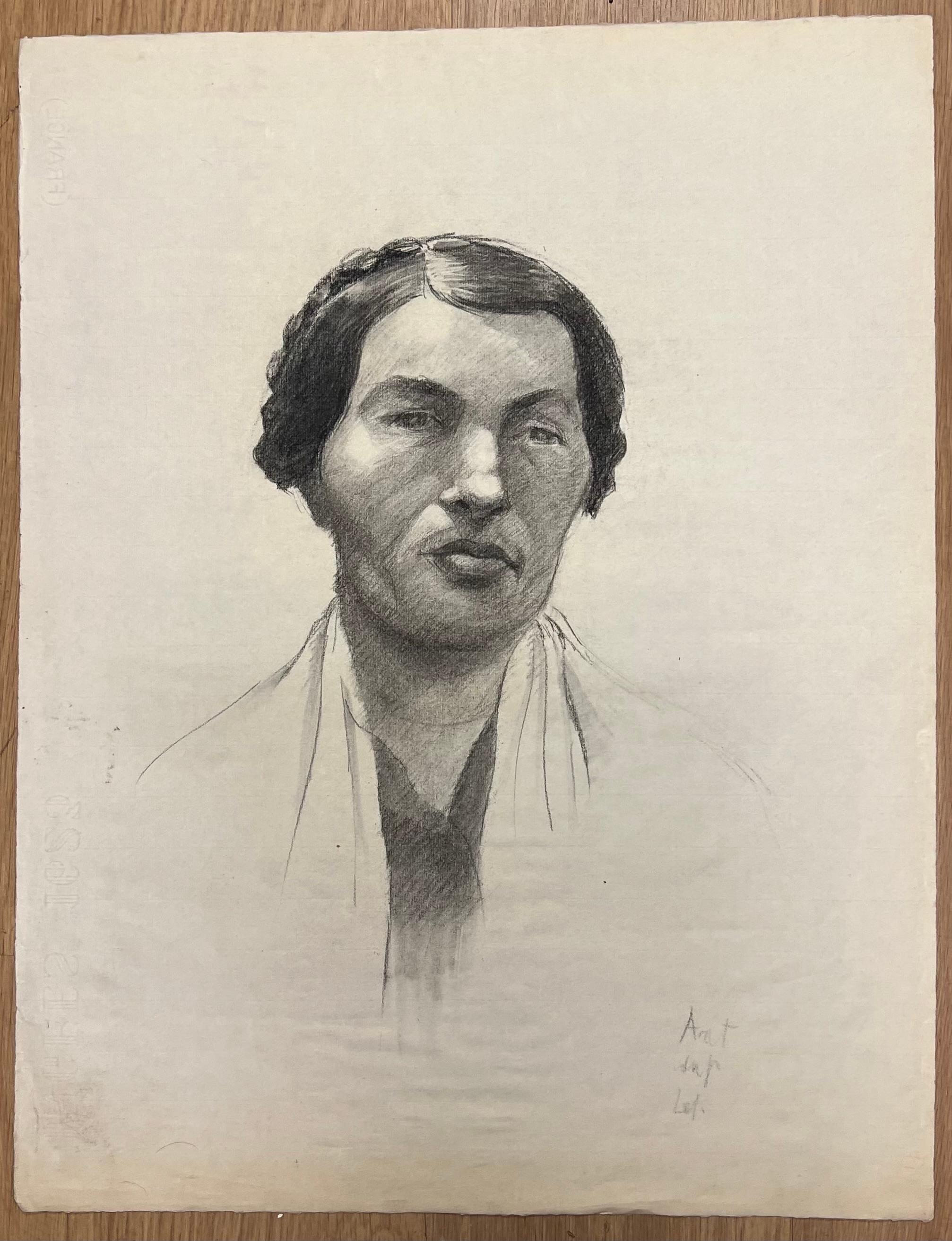 Mid Century French Drawing of a Portrait of a Woman with Braided Hair - Painting by Josine Vignon