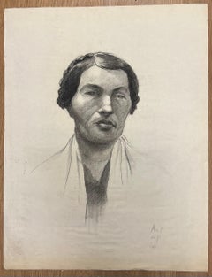 Französische Zeichnung eines Porträts einer Frau mit geflochtenem Haar aus der Mitte des Jahrhunderts