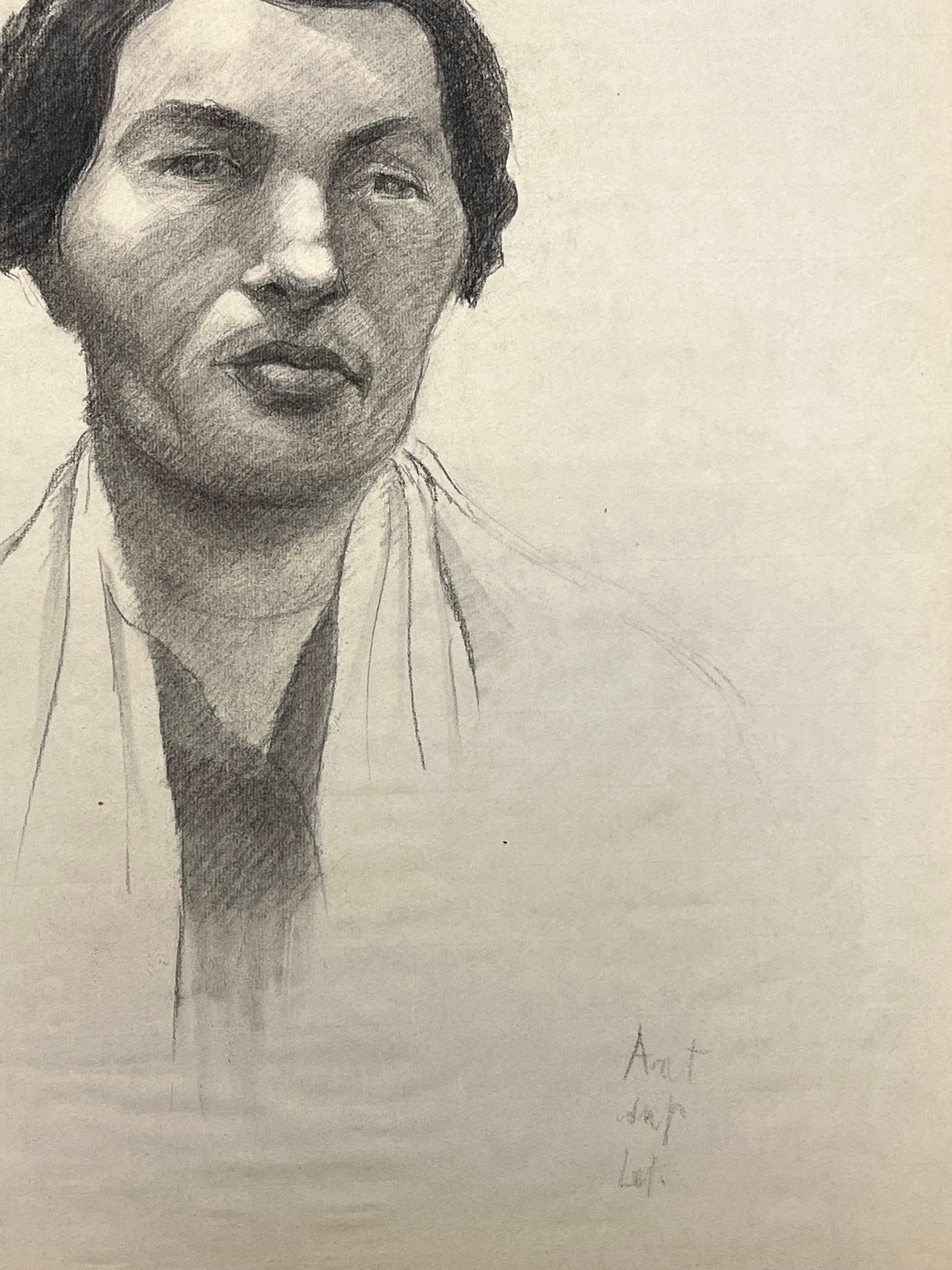 Mid Century French Drawing of a Portrait of a Woman with Braided Hair - Post-Impressionist Painting by Josine Vignon
