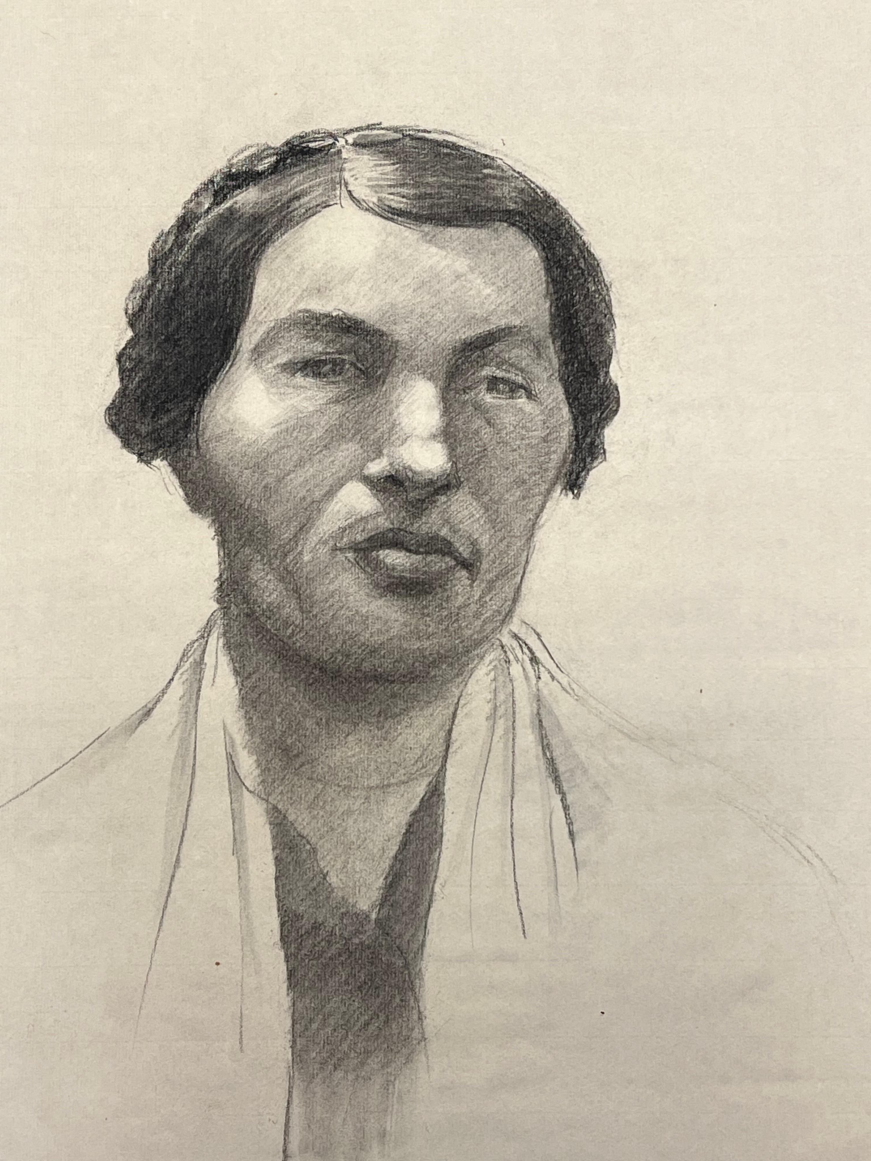 Mid Century French Drawing of a Portrait of a Woman with Braided Hair - Beige Figurative Painting by Josine Vignon