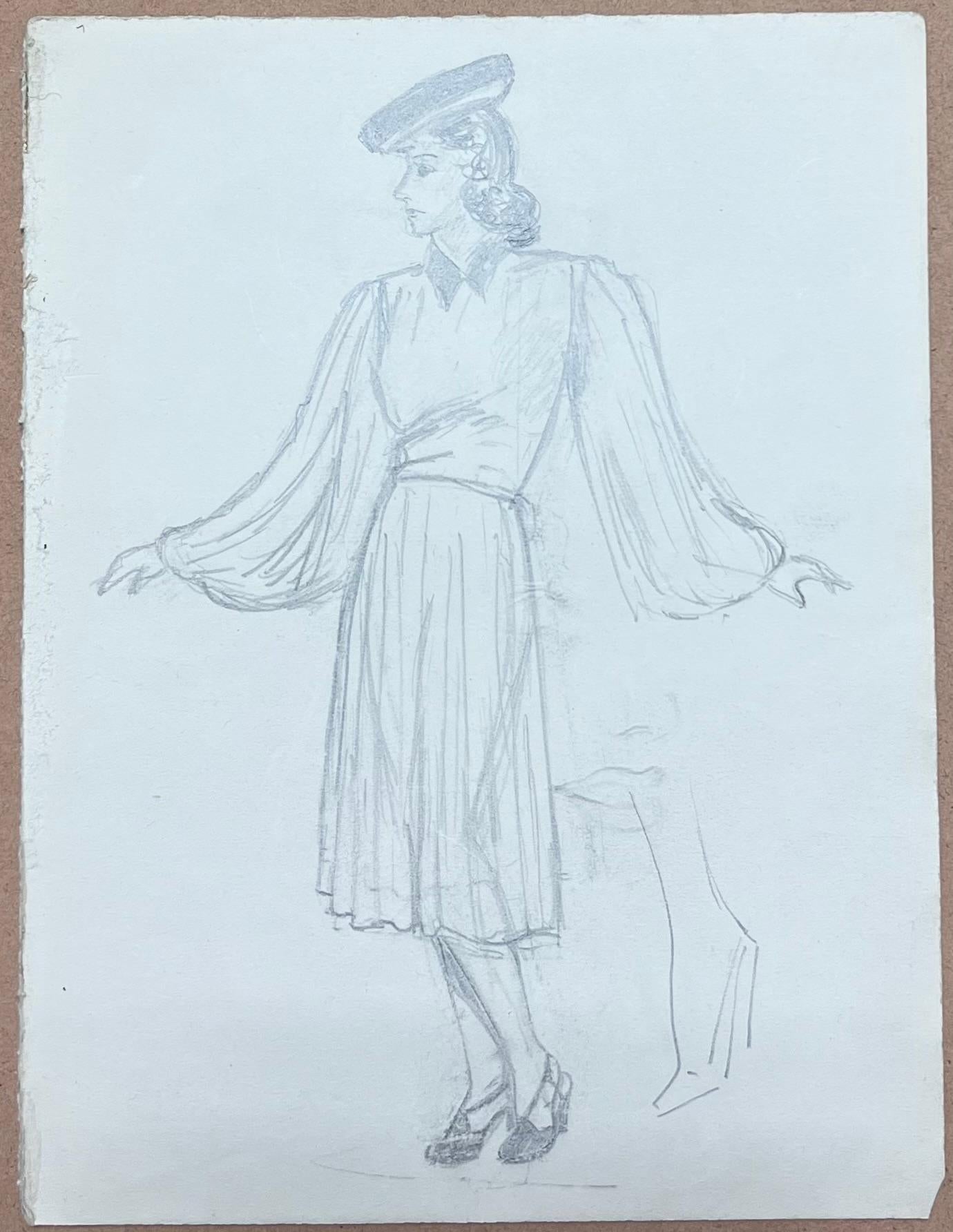 Französische elegante Dame mit drapierten Ärmeln aus der Mitte des Jahrhunderts, Bleistiftskizze – Painting von Josine Vignon