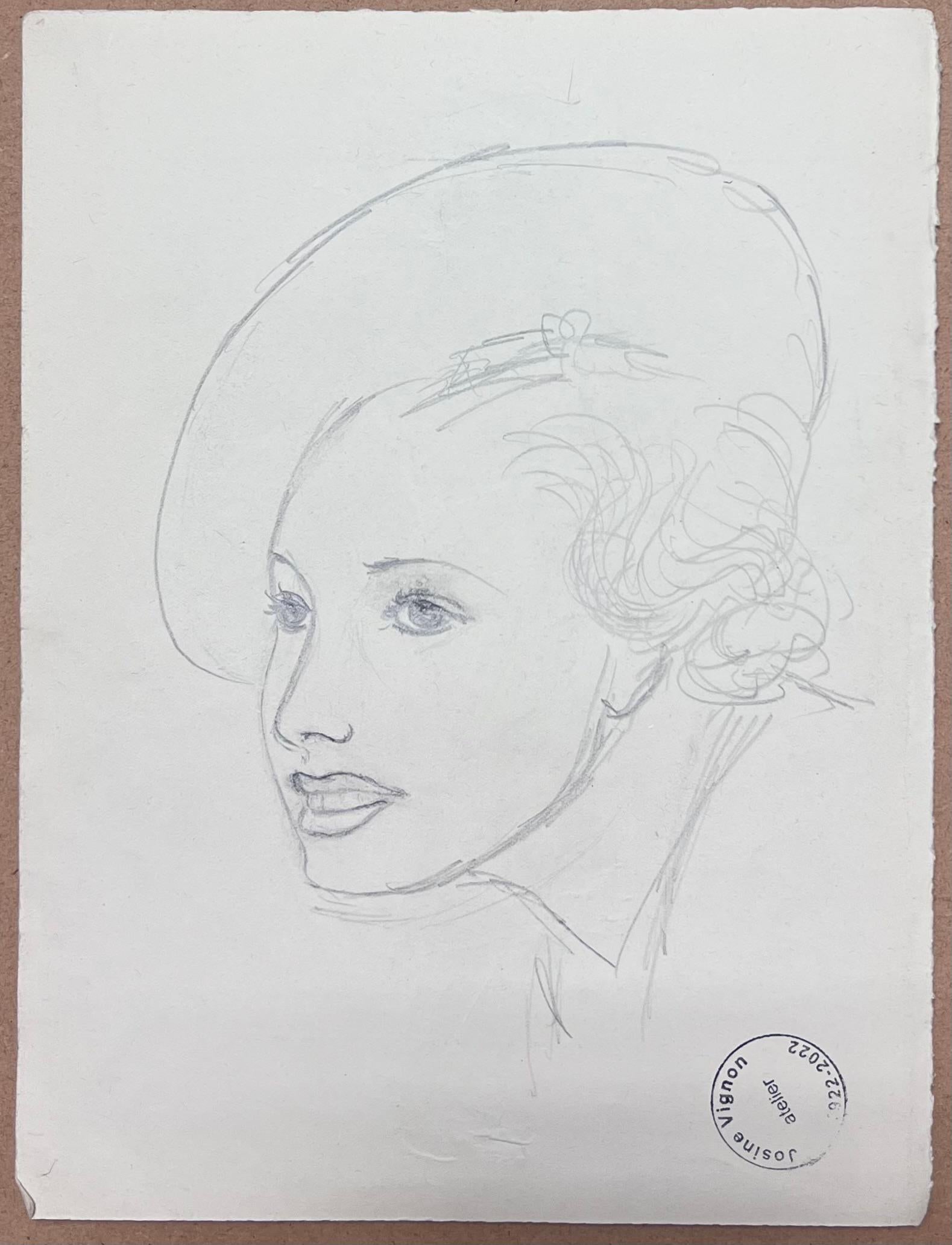 Französische elegante Dame mit drapierten Ärmeln aus der Mitte des Jahrhunderts, Bleistiftskizze (Post-Impressionismus), Painting, von Josine Vignon