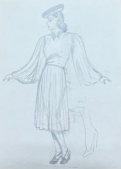 Mediados de Siglo Francés Elegante Dama con Vestido de Mangas Drapeadas Esbozo de Lápiz