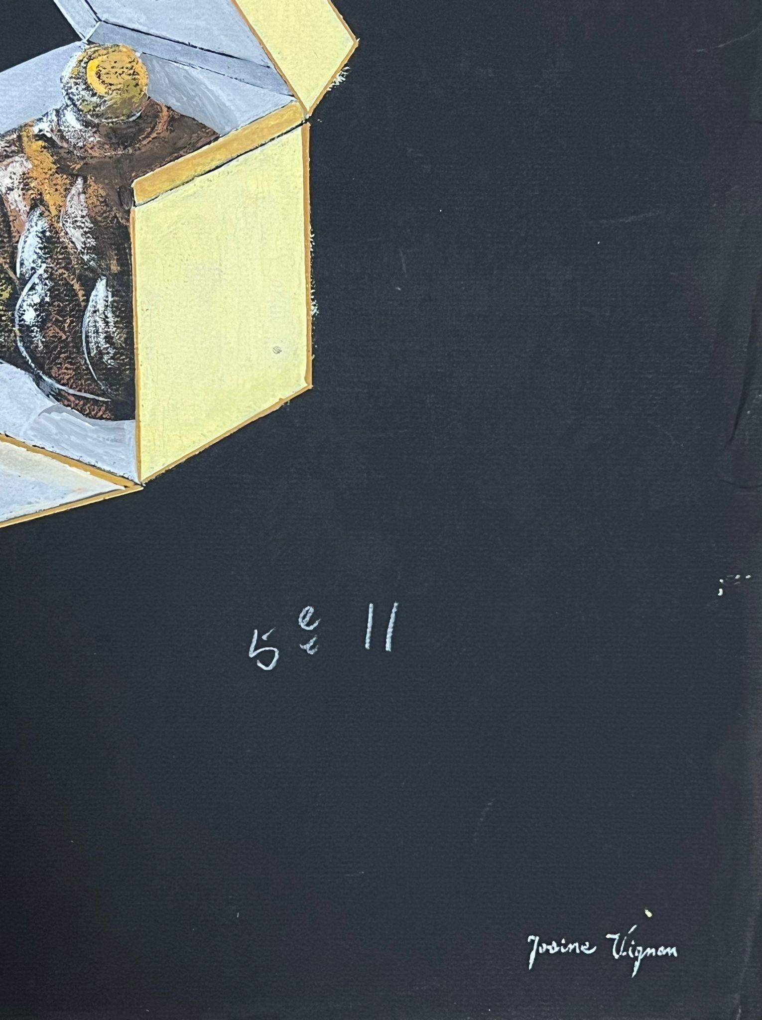 Ornement en verre français du milieu du siècle dans une boîte jaune, peinture à la gouache - Painting de Josine Vignon