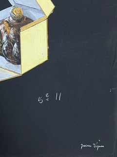 Ornement en verre français du milieu du siècle dans une boîte jaune, peinture à la gouache