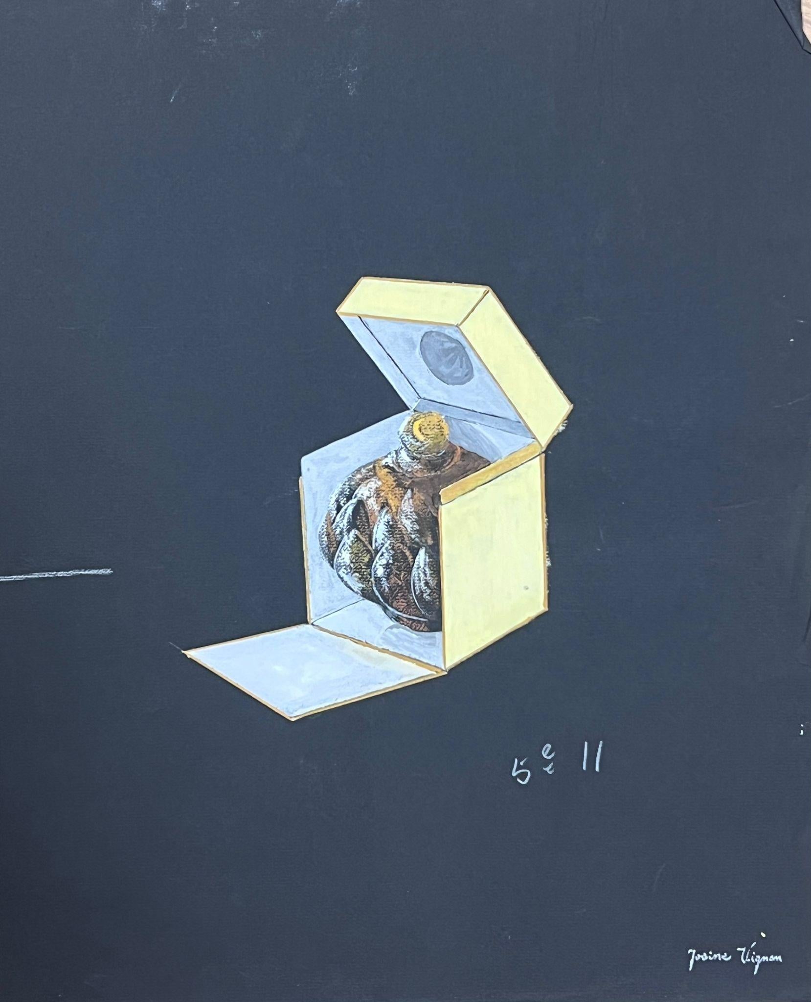 Französisches Glasornament aus der Mitte des Jahrhunderts in gelbem Schachtel, Gouache-Gemälde im Angebot 1
