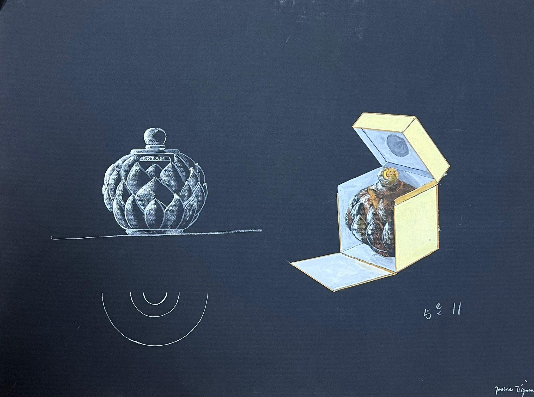 Interior Painting Josine Vignon - Ornement en verre français du milieu du siècle dans une boîte jaune, peinture à la gouache