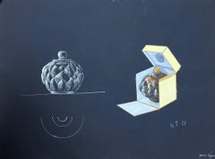 Ornement en verre français du milieu du siècle dans une boîte jaune, peinture à la gouache