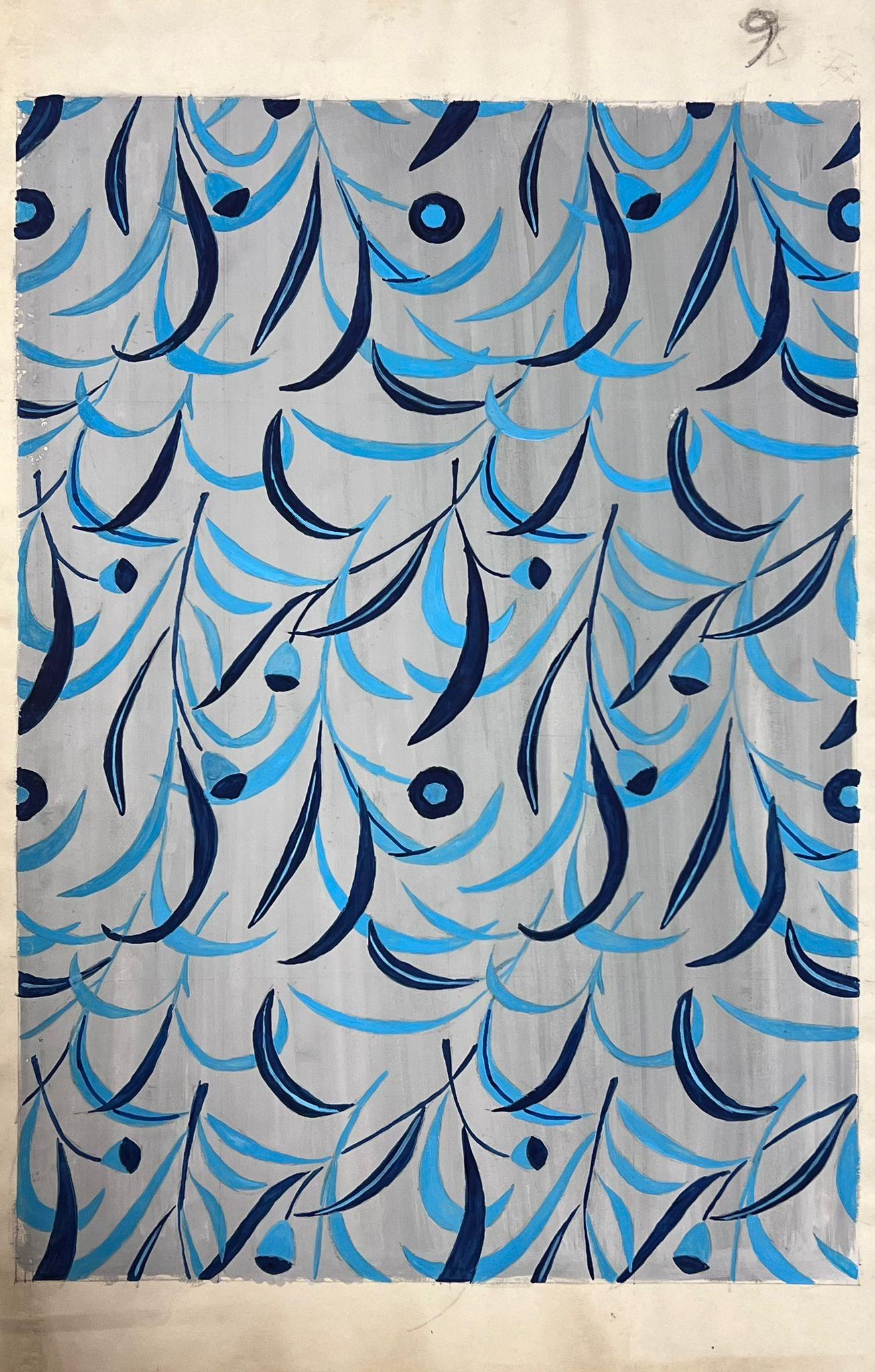 Mid Century French Illustration Blue Leafs Design Papier peint Design - Painting de Josine Vignon