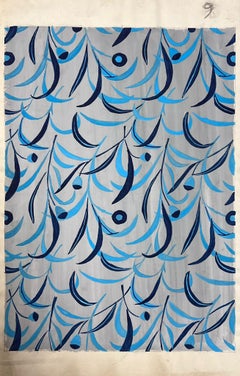 Mid Century French Illustration Blue Leafs Design Wallpaper Design