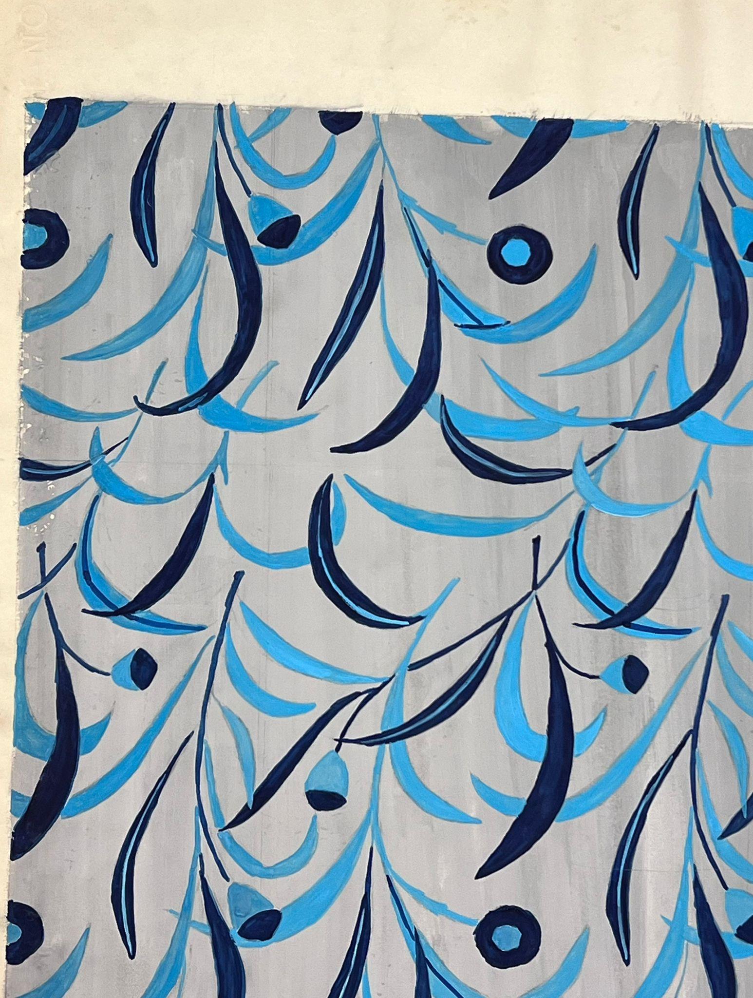 Mid Century French Illustration Blue Leafs Design Wallpaper Design - Impressionist Painting by Josine Vignon