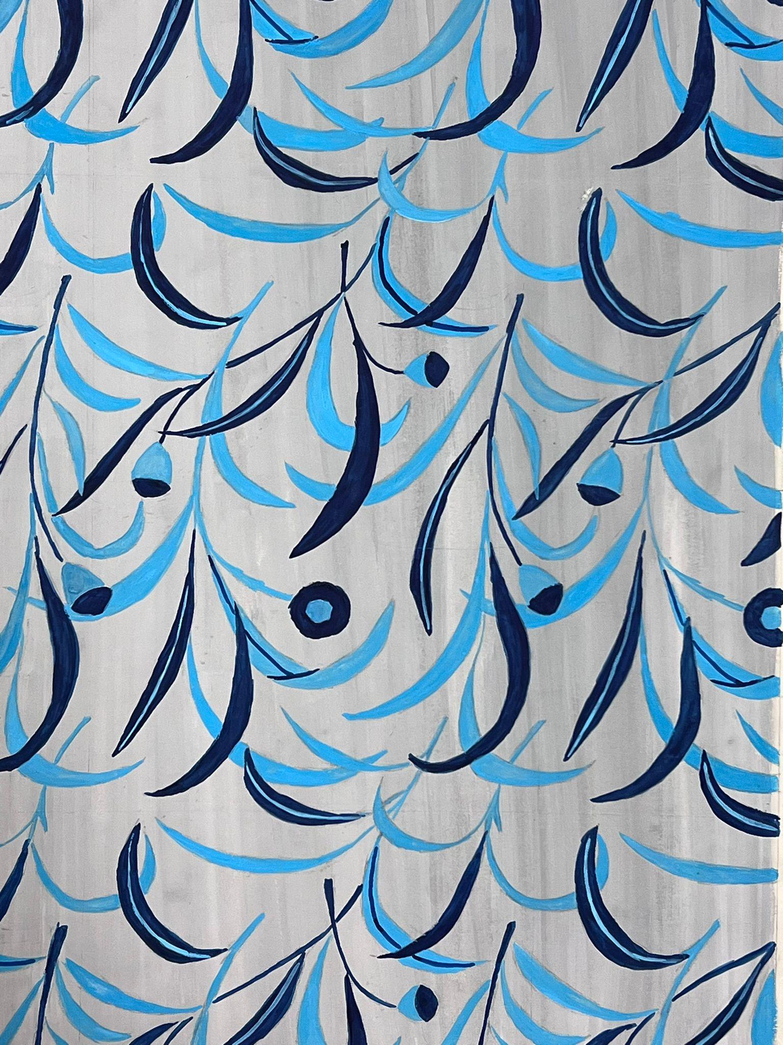 Französische Illustration, Wandteppich-Design mit blauen Blättern, Mitte des Jahrhunderts im Angebot 1