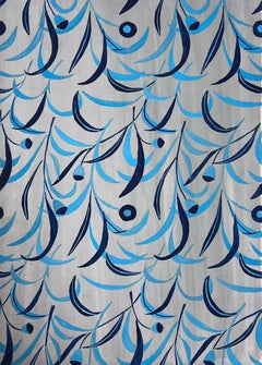 Retro Mid Century French Illustration Blue Leafs Design Wallpaper Design