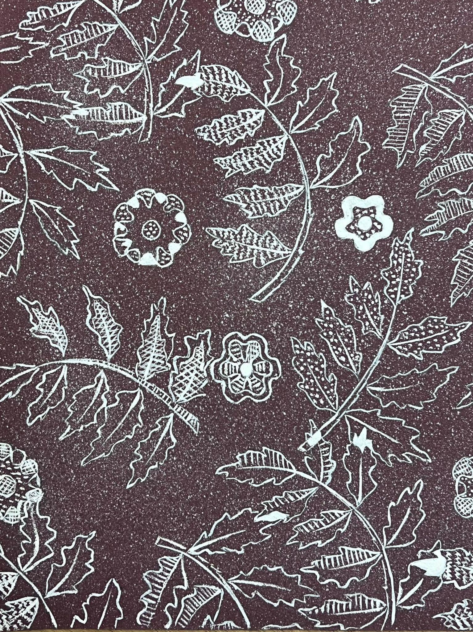 Diseño de Papel Pintado Ilustración Francesa de Mediados de Siglo Hojas Sobre Papel Morado - Painting de Josine Vignon