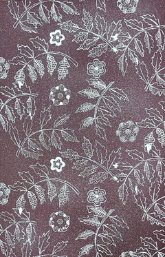 Französische Illustration Blatt auf lila Papier-Tapete-Design aus der Mitte des Jahrhunderts