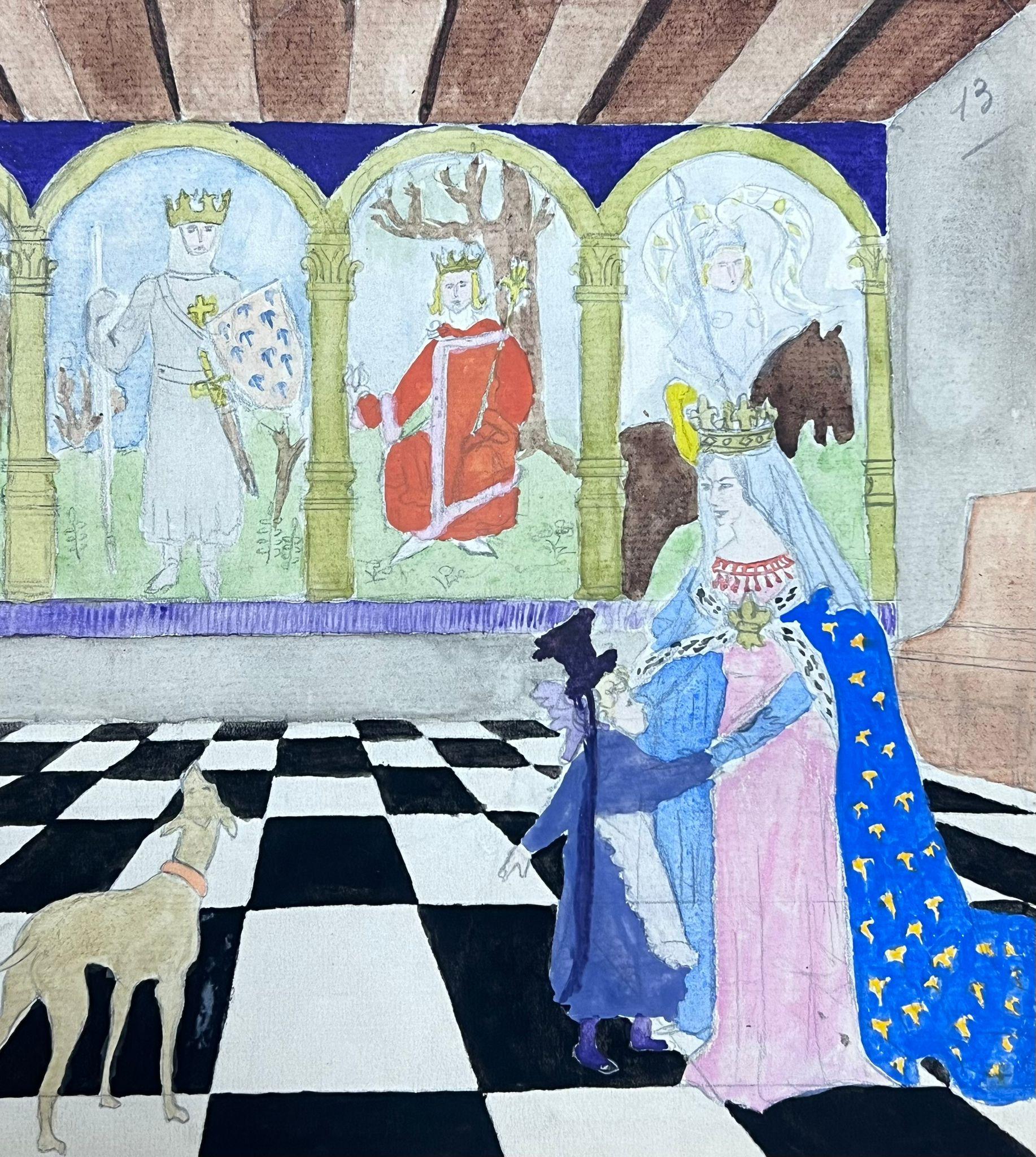 Mid Century French Illustration Mythical Kings and Queens Interior Sketch - Painting by Josine Vignon