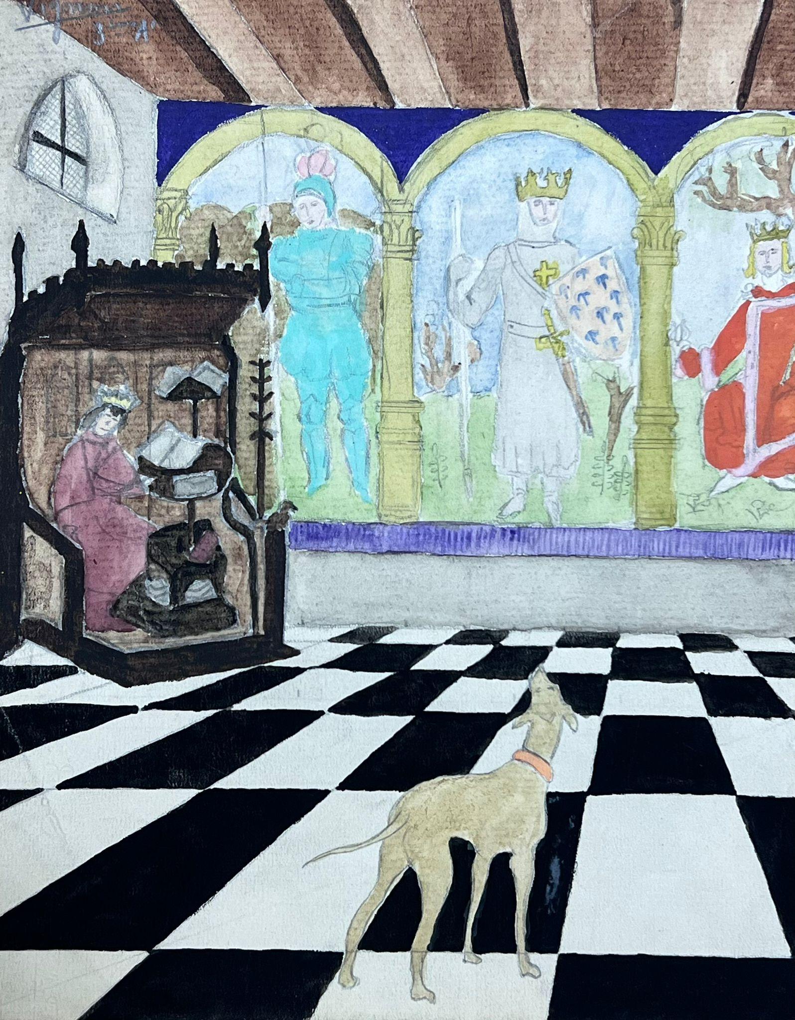 Mid Century French Illustration Mythical Kings and Queens Interior Sketch - Impressionist Painting by Josine Vignon