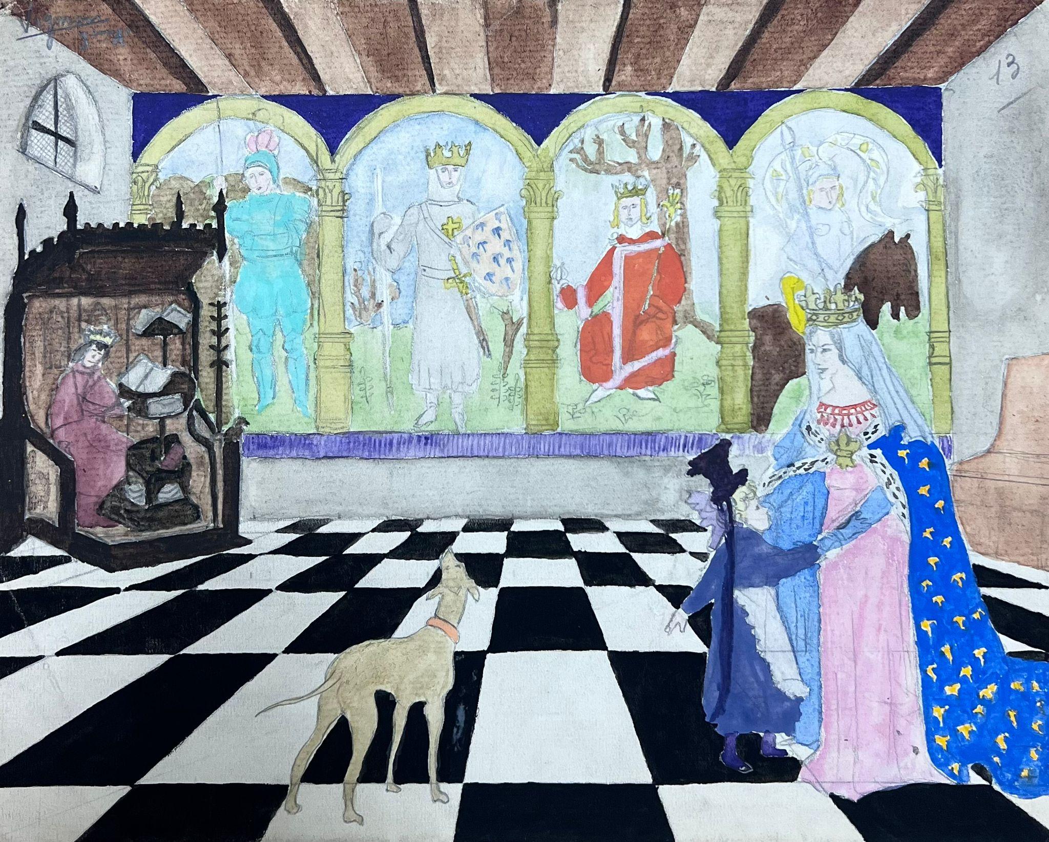 Französische Illustration Mythische Könige und Königinnen, Interieurskizze aus der Mitte des Jahrhunderts