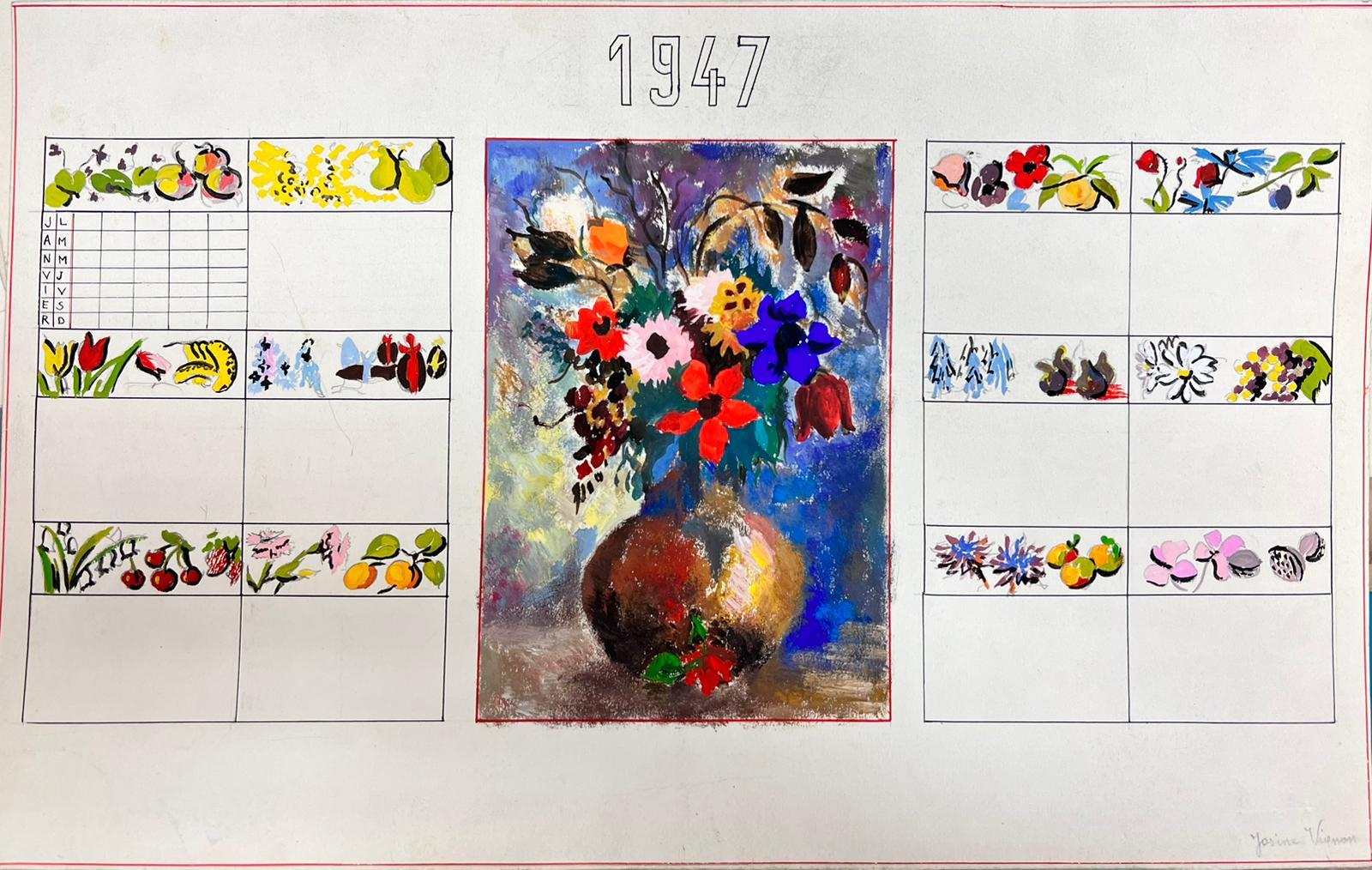 Illustration française du milieu du siècle Croquis d'intérieur de fleurs dans un vase - Painting de Josine Vignon