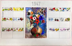 Schizzo di fiori in un vaso in un interno di illustrazione francese della metà del secolo scorso