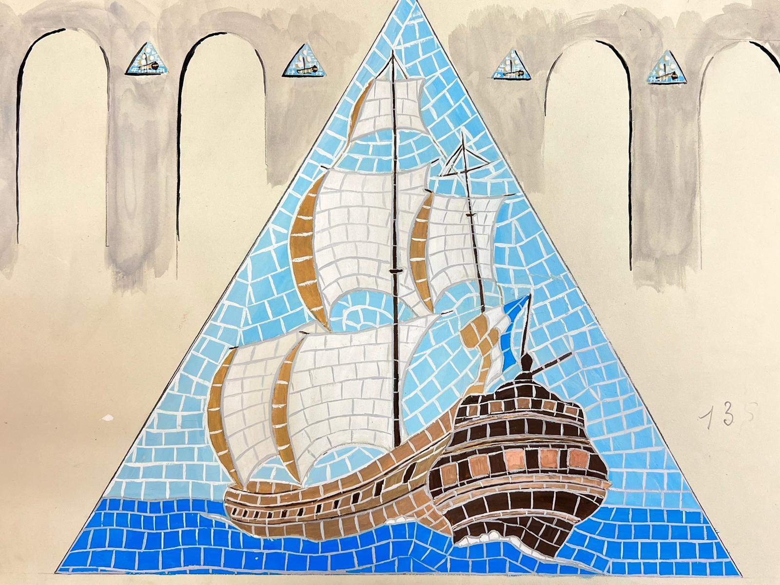 Mid Century French Illustration Sketch Of A Mosaic Ship In The Sea Drawing - Painting by Josine Vignon