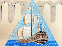 Mid Century French Illustration Sketch Of A Mosaic Ship In The Sea Drawing