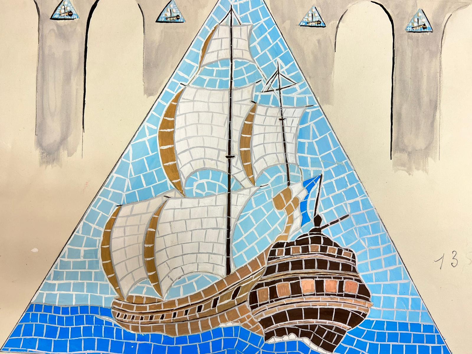 Mid Century French Illustration Sketch Of A Mosaic Ship In The Sea Drawing - Post-Impressionist Painting by Josine Vignon