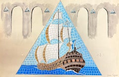 Mid Century French Illustration Sketch Of A Mosaic Ship In The Sea Drawing