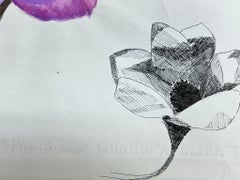 Mid Century French Illustration Sketch Of A Vibrant Purple Peony Flower