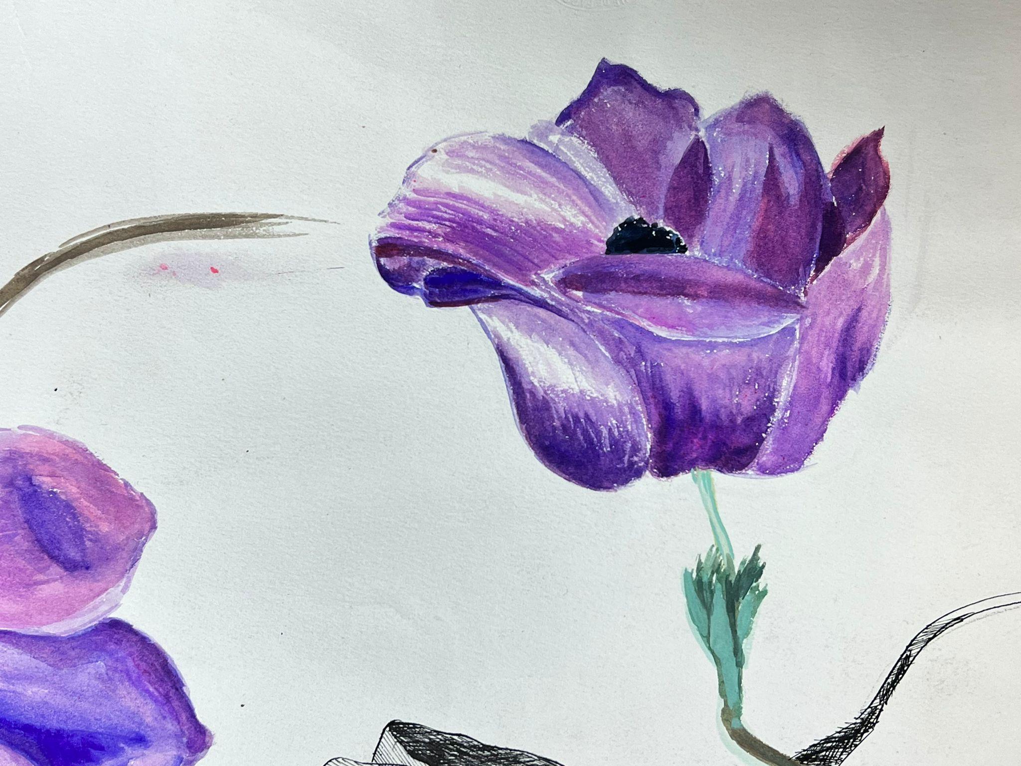 Illustration française du milieu du siècle Croquis d'une fleur de pivoine violette vibrante - Post-impressionnisme Painting par Josine Vignon