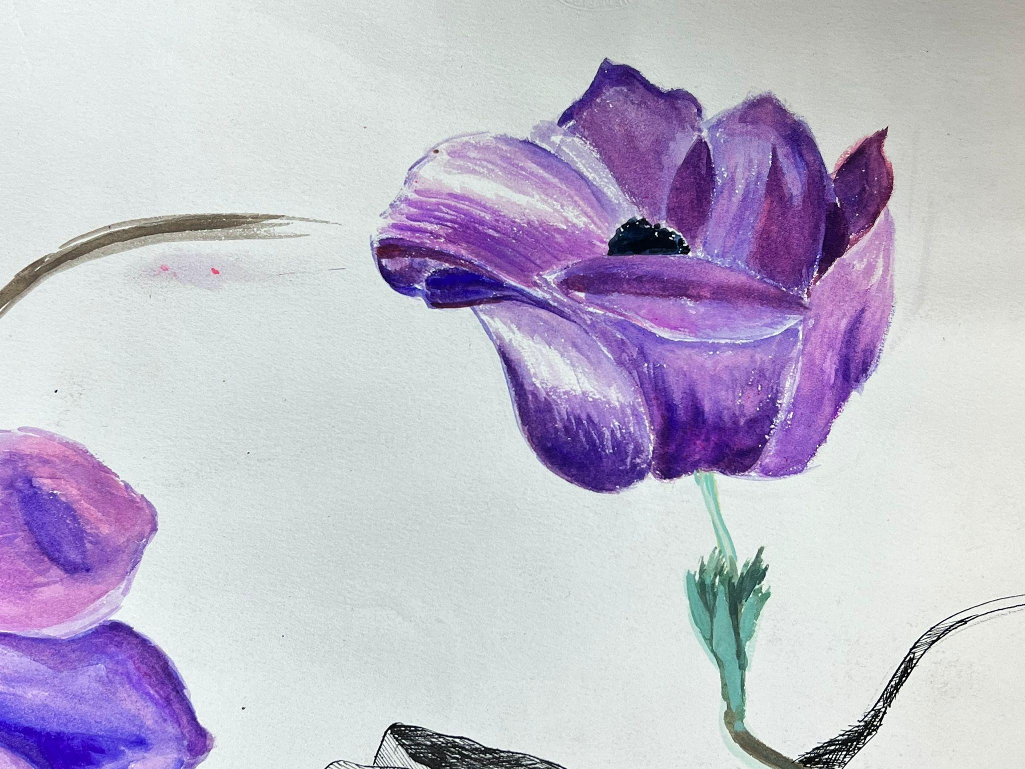 Ilustración francesa de mediados de siglo Esbozo de una flor de peonía púrpura vibrante - Painting Posimpresionista de Josine Vignon