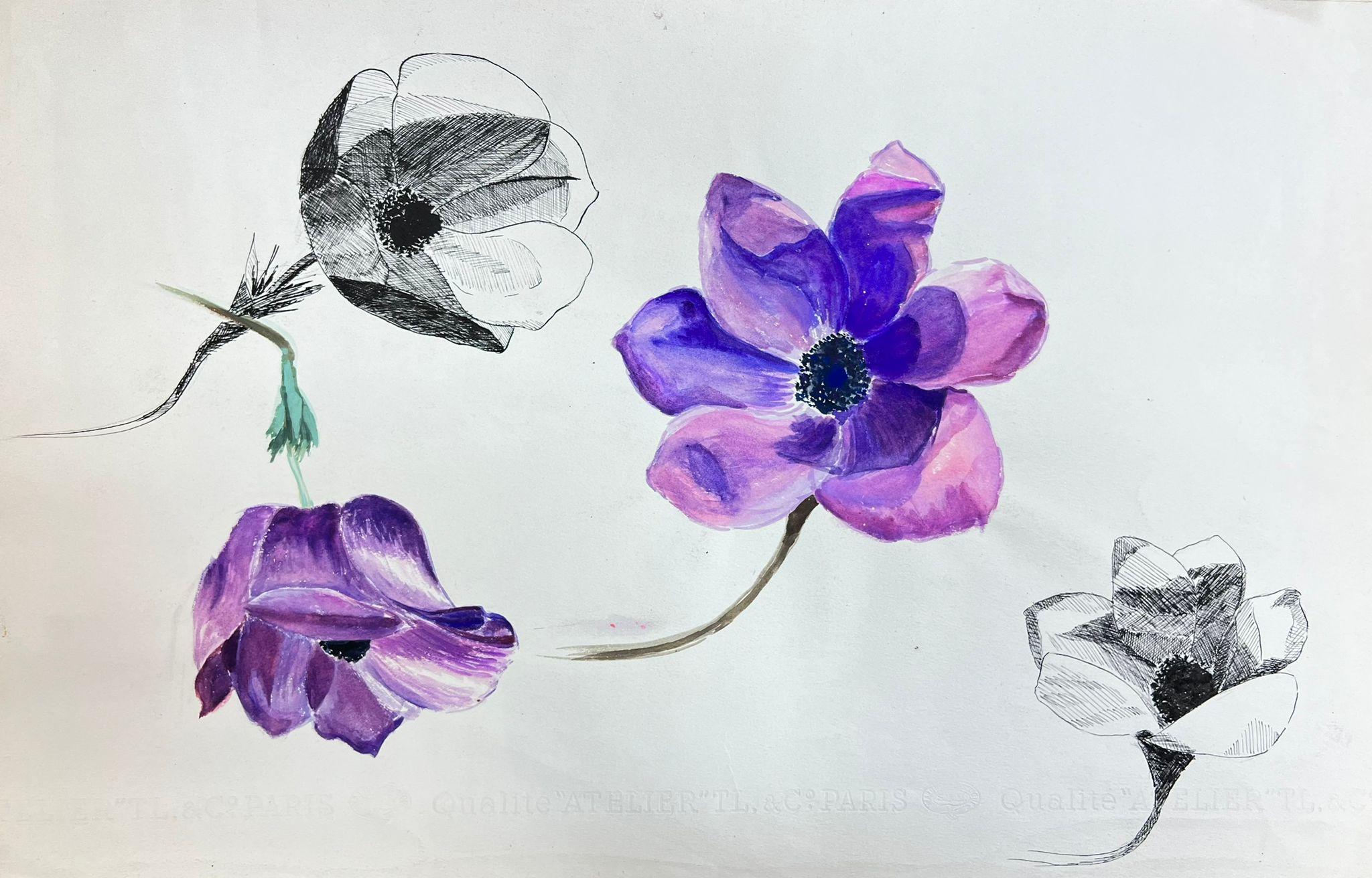 Interior Painting Josine Vignon - Illustration française du milieu du siècle Croquis d'une fleur de pivoine violette vibrante