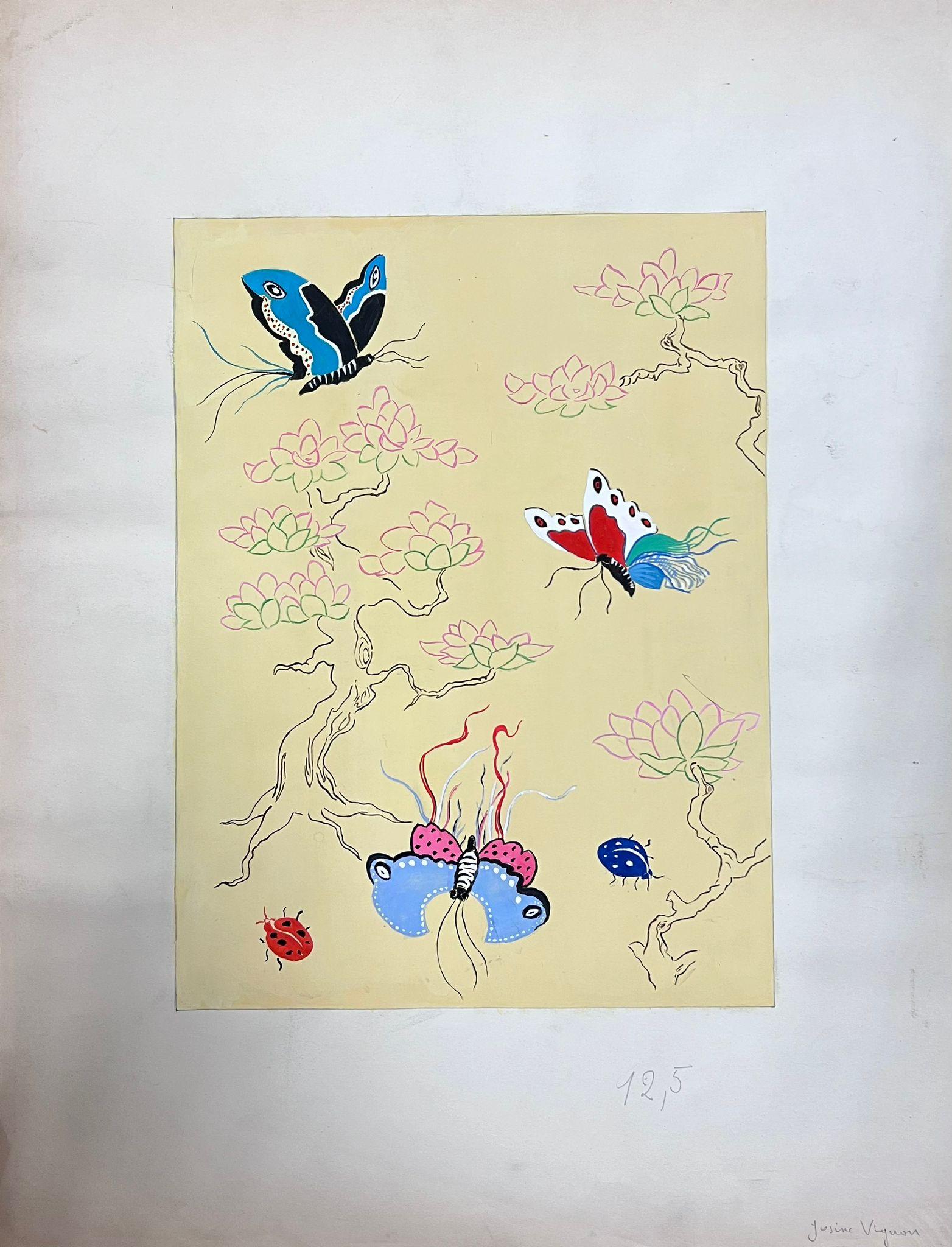 Französische Illustrationsskizze von Schmetterlingen-Tapete aus der Mitte des Jahrhunderts – Painting von Josine Vignon