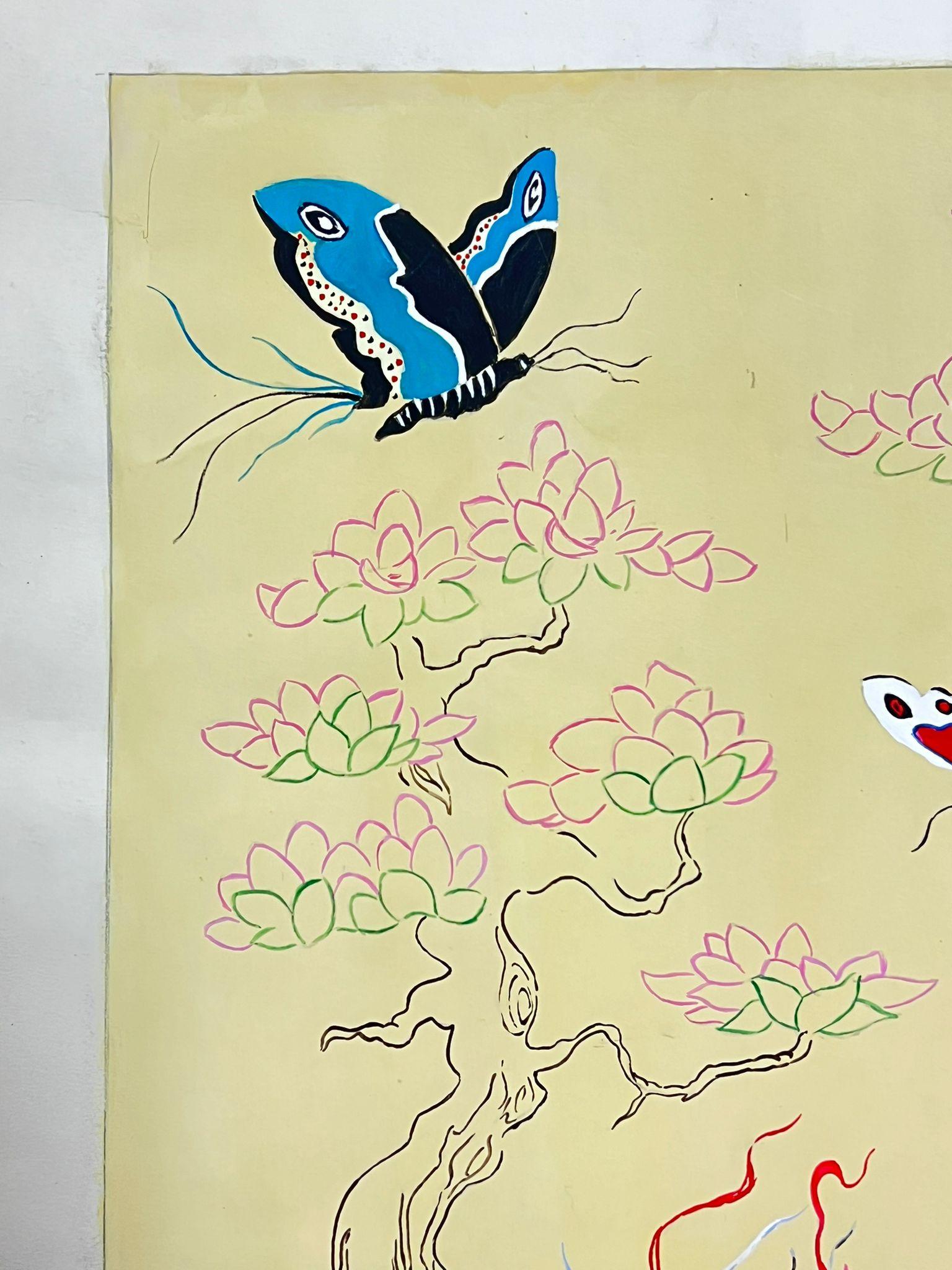 Französische Illustrationsskizze von Schmetterlingen-Tapete aus der Mitte des Jahrhunderts im Angebot 1