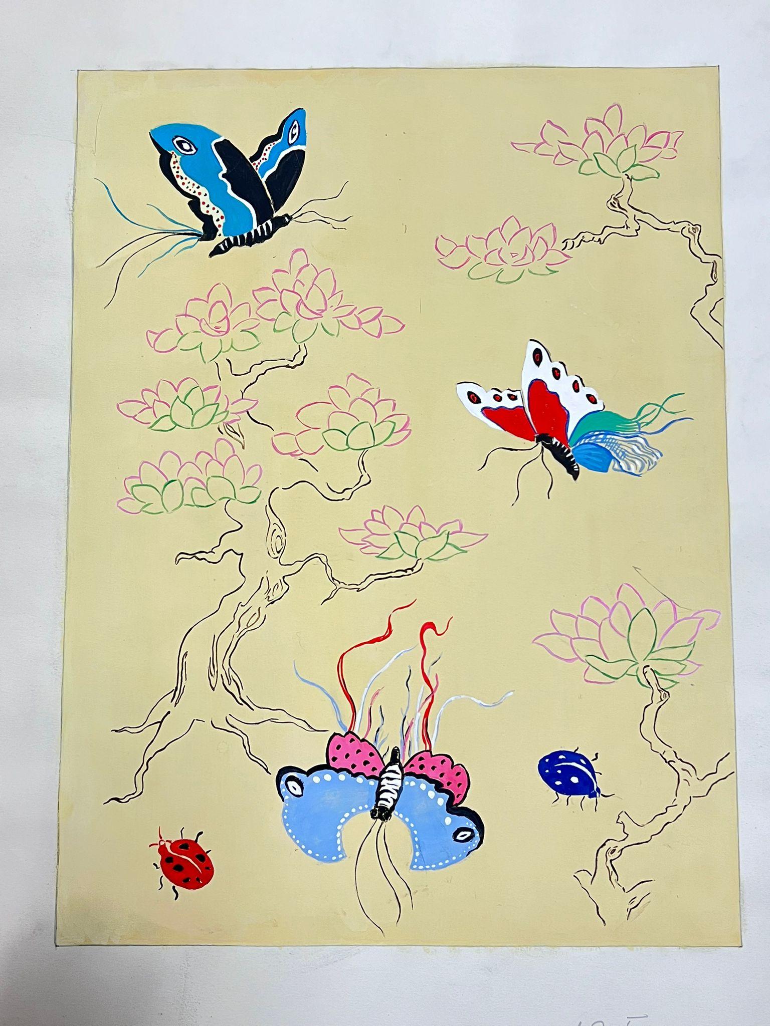 Französische Illustrationsskizze von Schmetterlingen-Tapete aus der Mitte des Jahrhunderts im Angebot 3