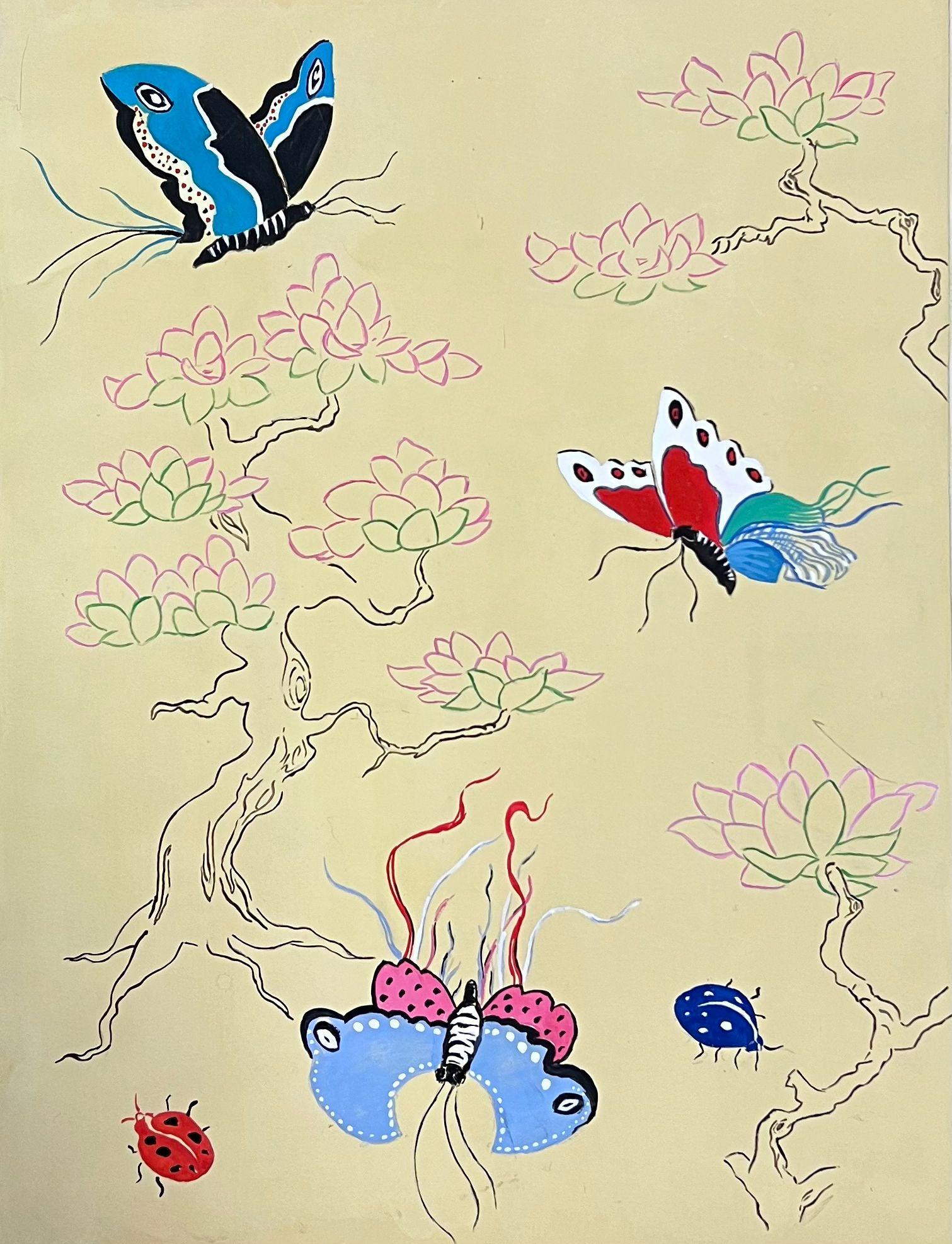 Josine Vignon Figurative Painting – Französische Illustrationsskizze von Schmetterlingen-Tapete aus der Mitte des Jahrhunderts