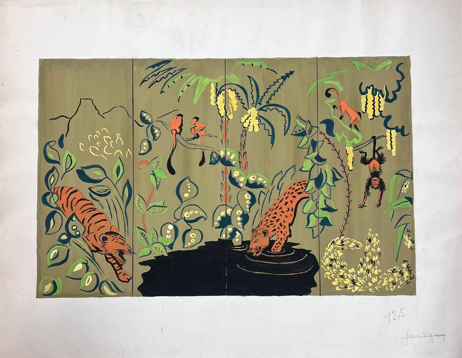 Mid Century French Illustration Sketch Of Tigers In Tropical Wallpaper Design - Painting by Josine Vignon