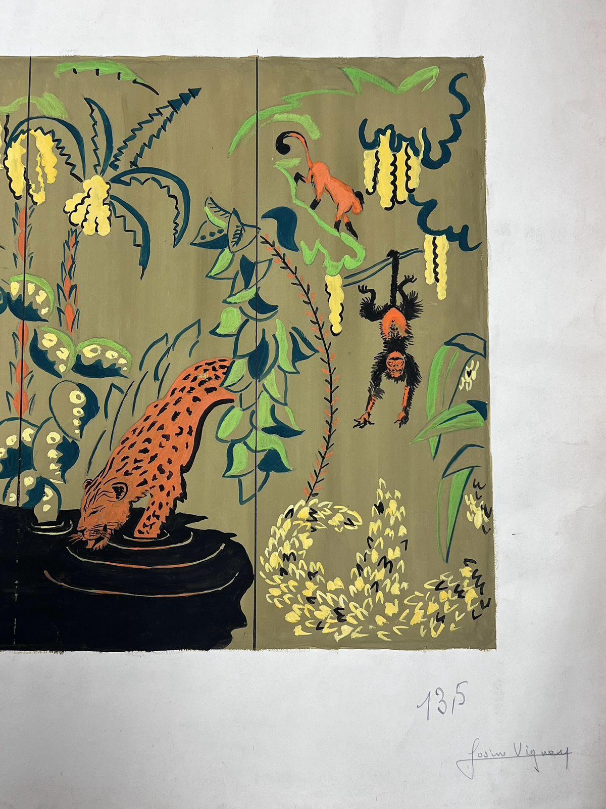 Mid Century French Illustration Sketch Of Tigers In Tropical Wallpaper Design - Impressionist Painting by Josine Vignon