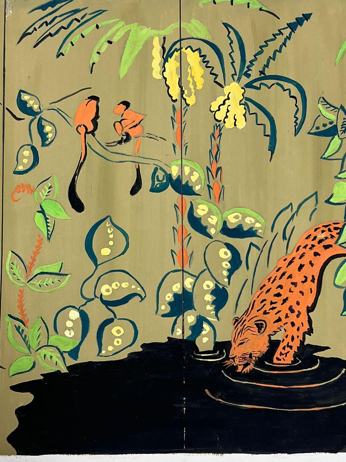 Französische Illustrationsskizze von Tigern aus der Mitte des Jahrhunderts in tropischem Wandteppichdesign im Angebot 1