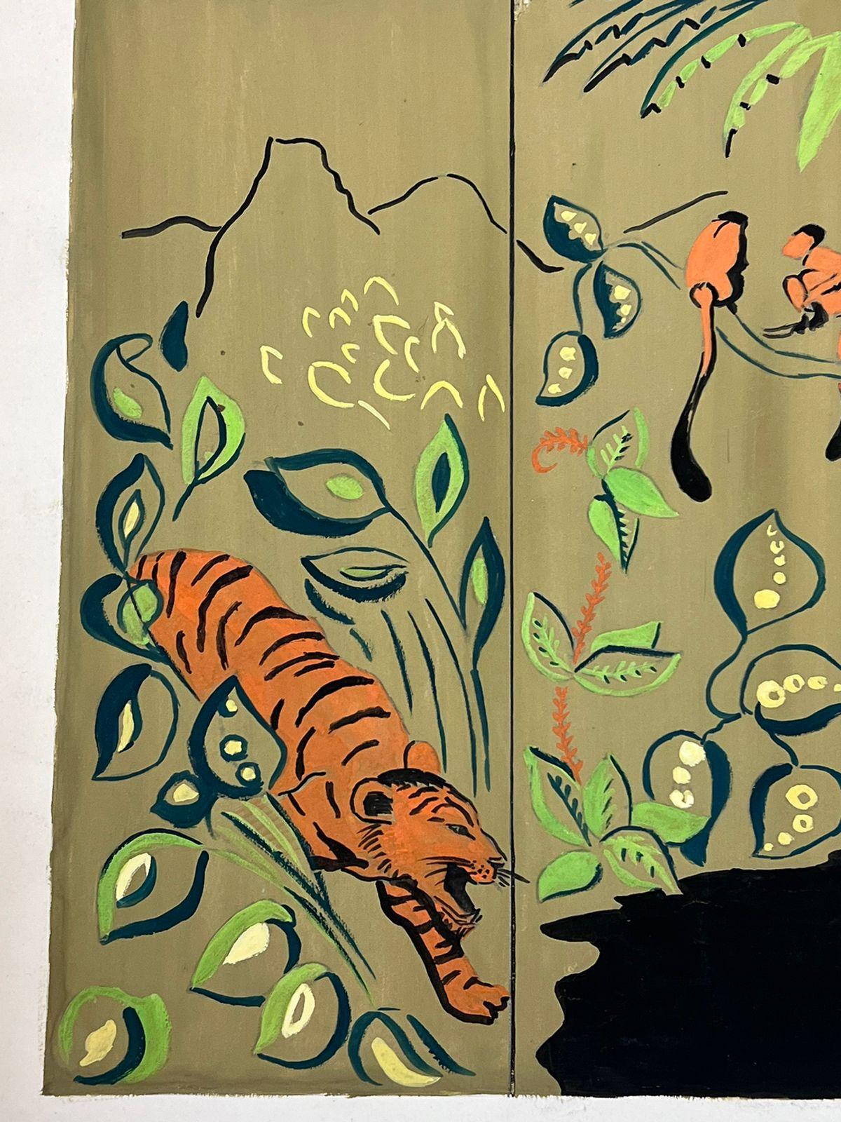 Französische Illustrationsskizze von Tigern aus der Mitte des Jahrhunderts in tropischem Wandteppichdesign im Angebot 2
