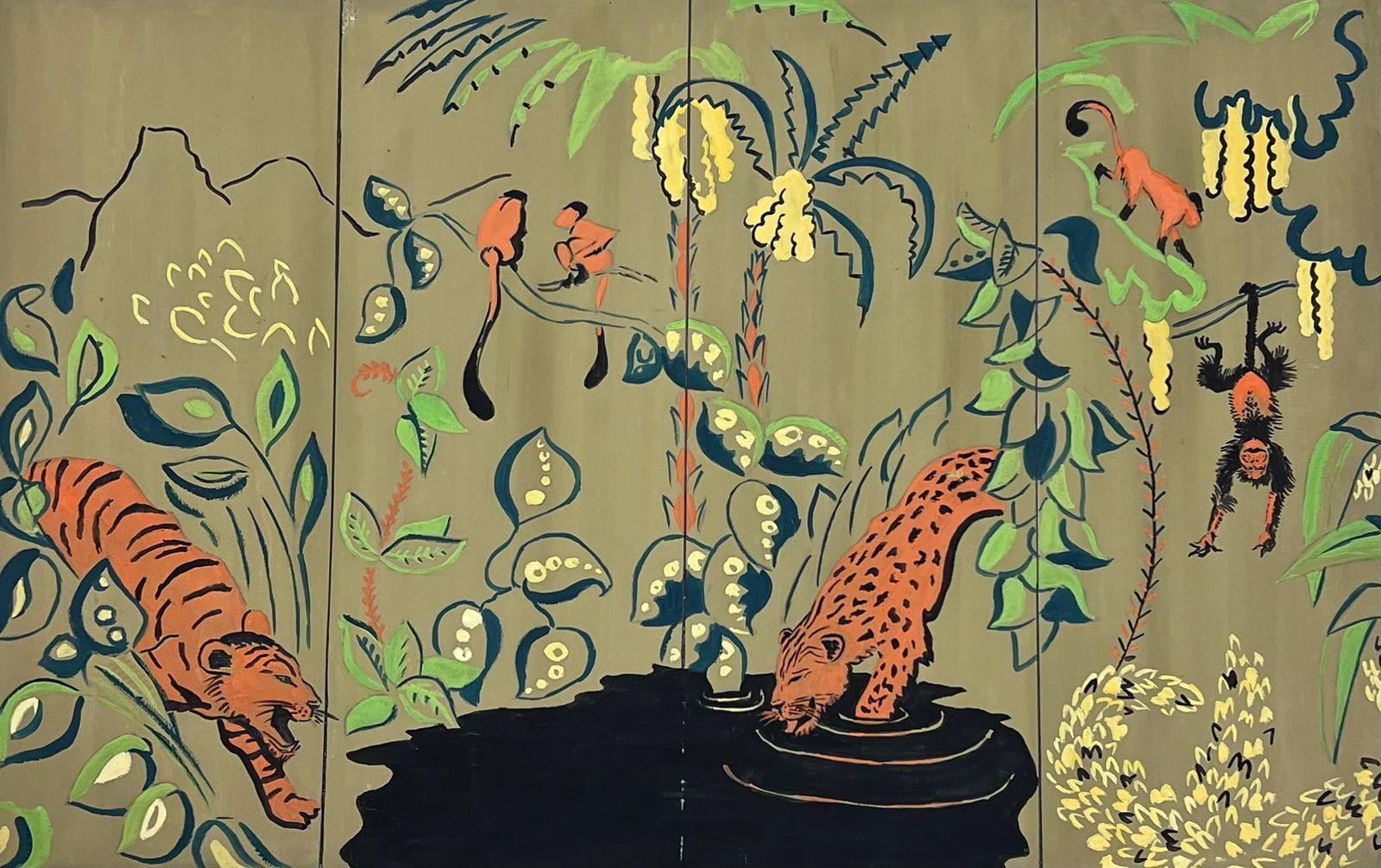 Josine Vignon Abstract Painting – Französische Illustrationsskizze von Tigern aus der Mitte des Jahrhunderts in tropischem Wandteppichdesign