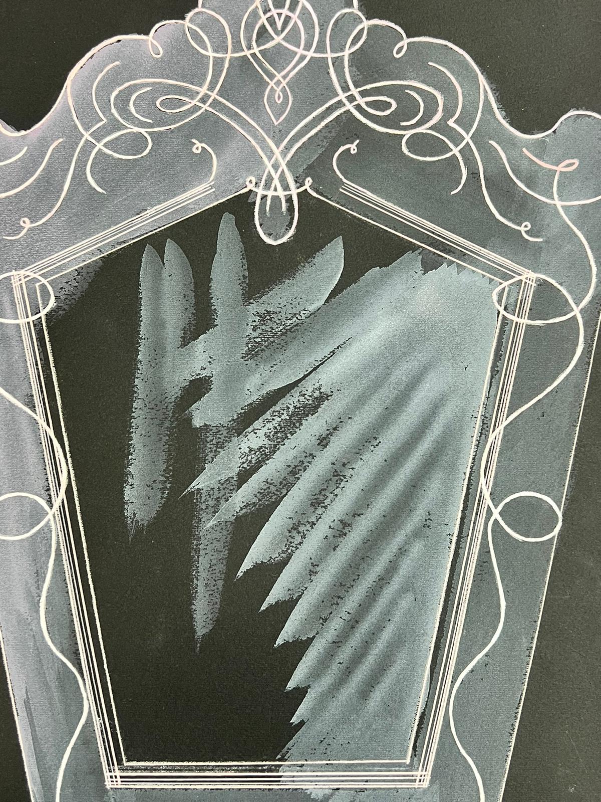 Mid Century French Illustration Sketche Of A Mirror On Black Paper - Post-Impressionist Painting by Josine Vignon