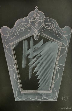 Vintage Mid Century French Illustration Sketche Of A Mirror On Black Paper