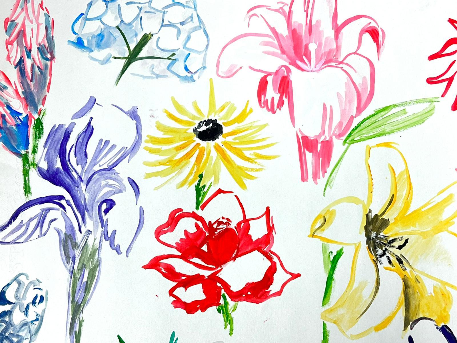 Dessins d'illustrations françaises du milieu du siècle dernier représentant des fleurs vives - Painting de Josine Vignon